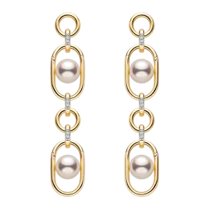 Akoya Saltwater Pearl 18K Gold Hoop Chain Adjustable Interlocking Earrings