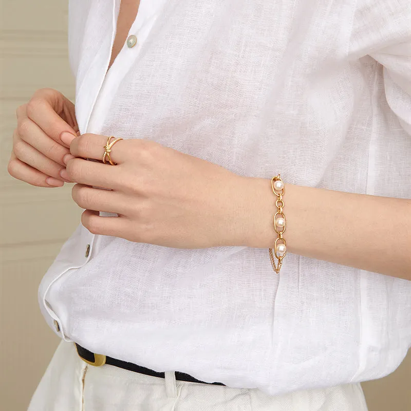 Akoya Saltwater Pearl 18K Gold Hoop Chain Adjustable Interlocking Earrings