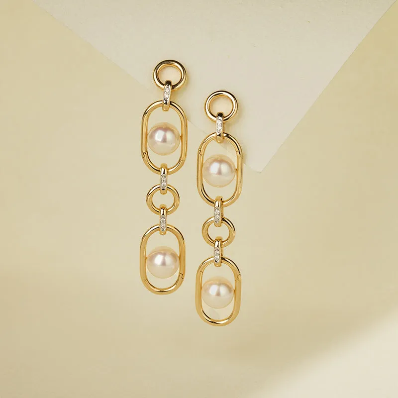 Akoya Saltwater Pearl 18K Gold Hoop Chain Adjustable Interlocking Earrings