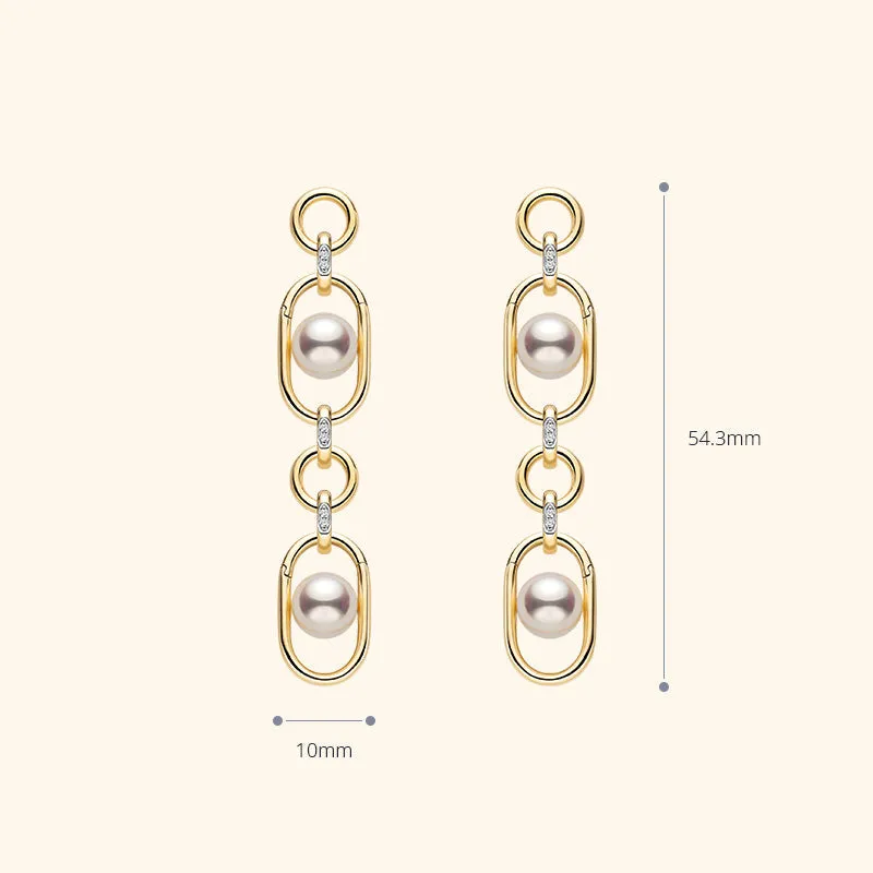 Akoya Saltwater Pearl 18K Gold Hoop Chain Adjustable Interlocking Earrings