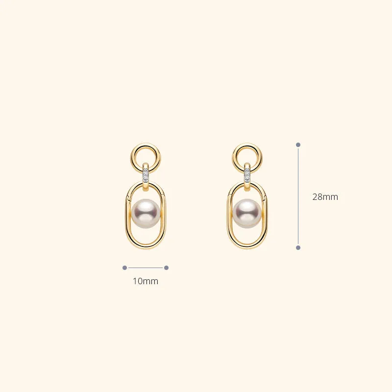 Akoya Saltwater Pearl 18K Gold Hoop Chain Adjustable Interlocking Earrings