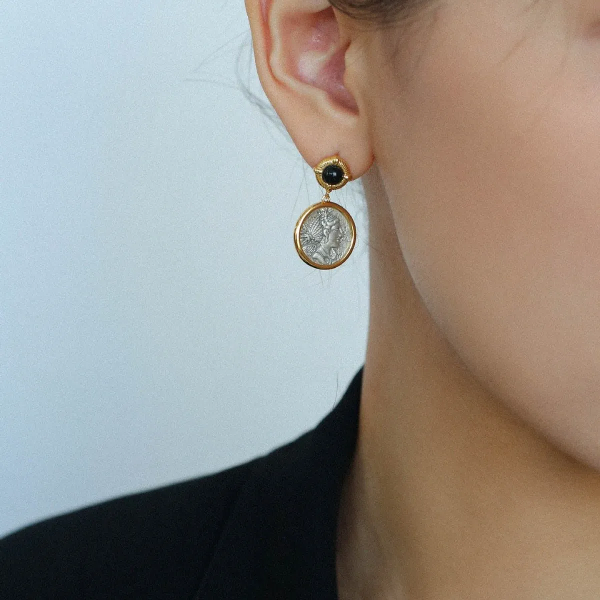 Ancient Greek Retro 925 Silver Coin Stud Earrings-Type N