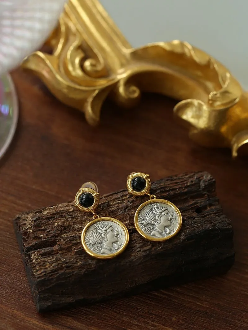 Ancient Greek Retro 925 Silver Coin Stud Earrings-Type N
