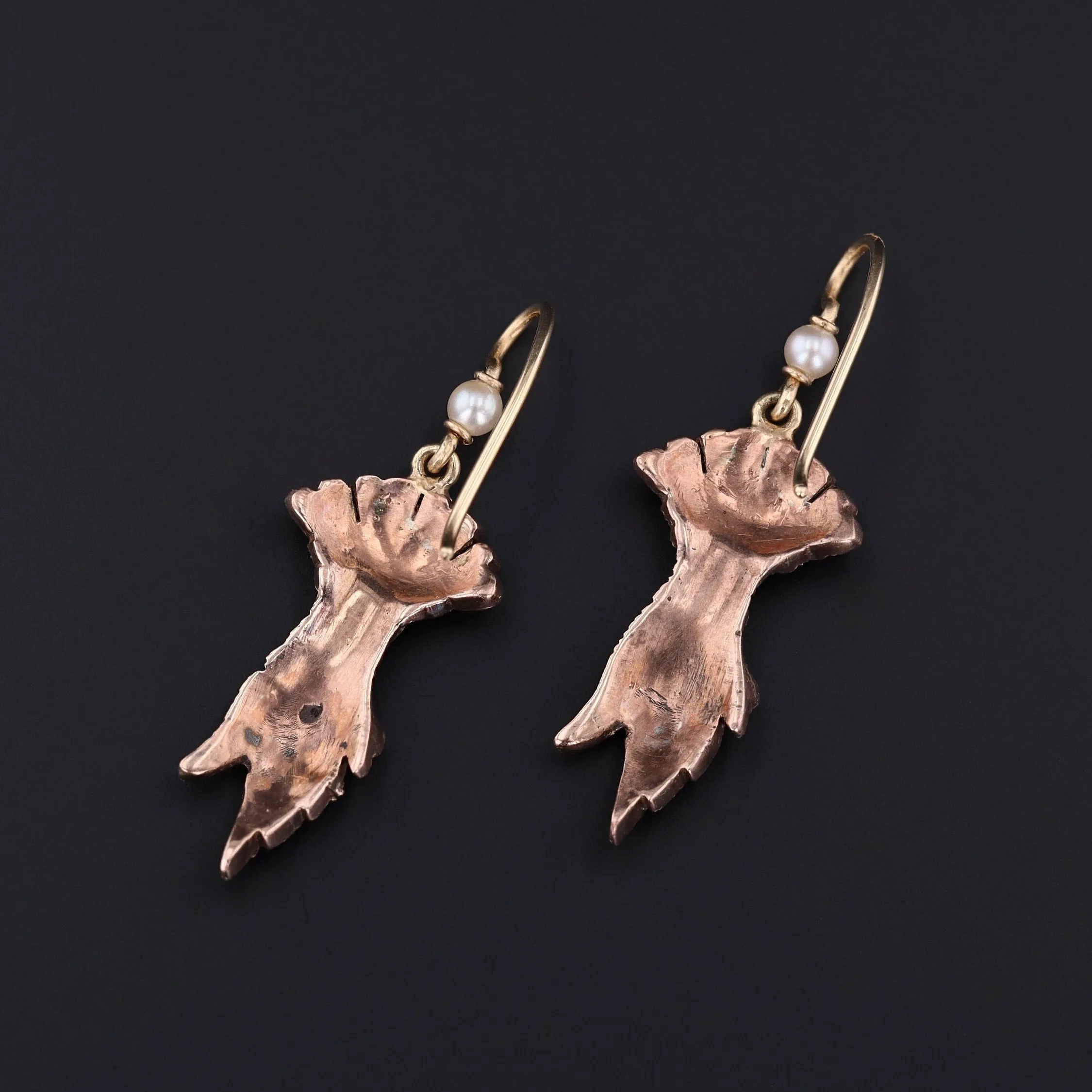 Antique Diamond Hand Earrings with Ruby Accents with 14k Gold Ear Wires