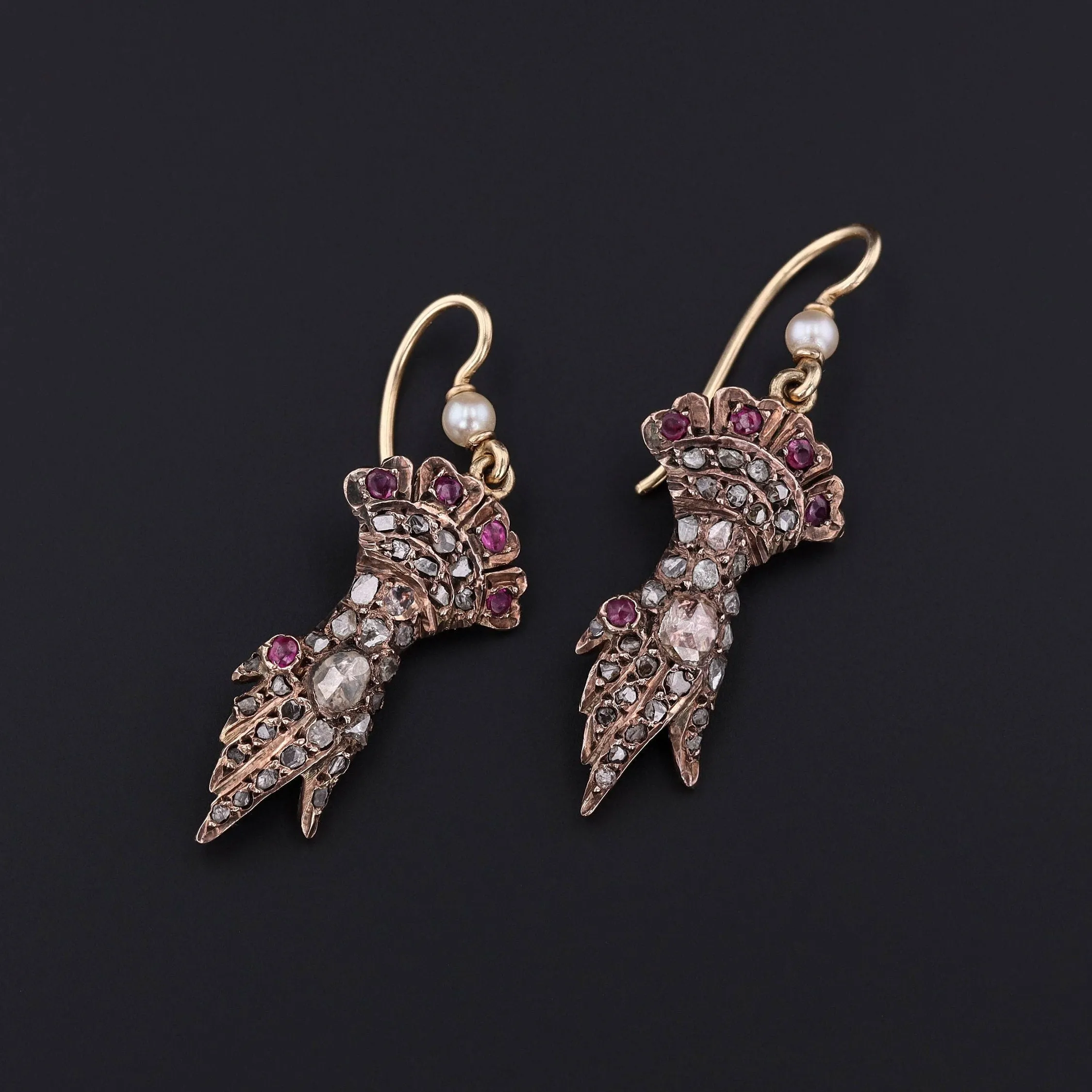 Antique Diamond Hand Earrings with Ruby Accents with 14k Gold Ear Wires