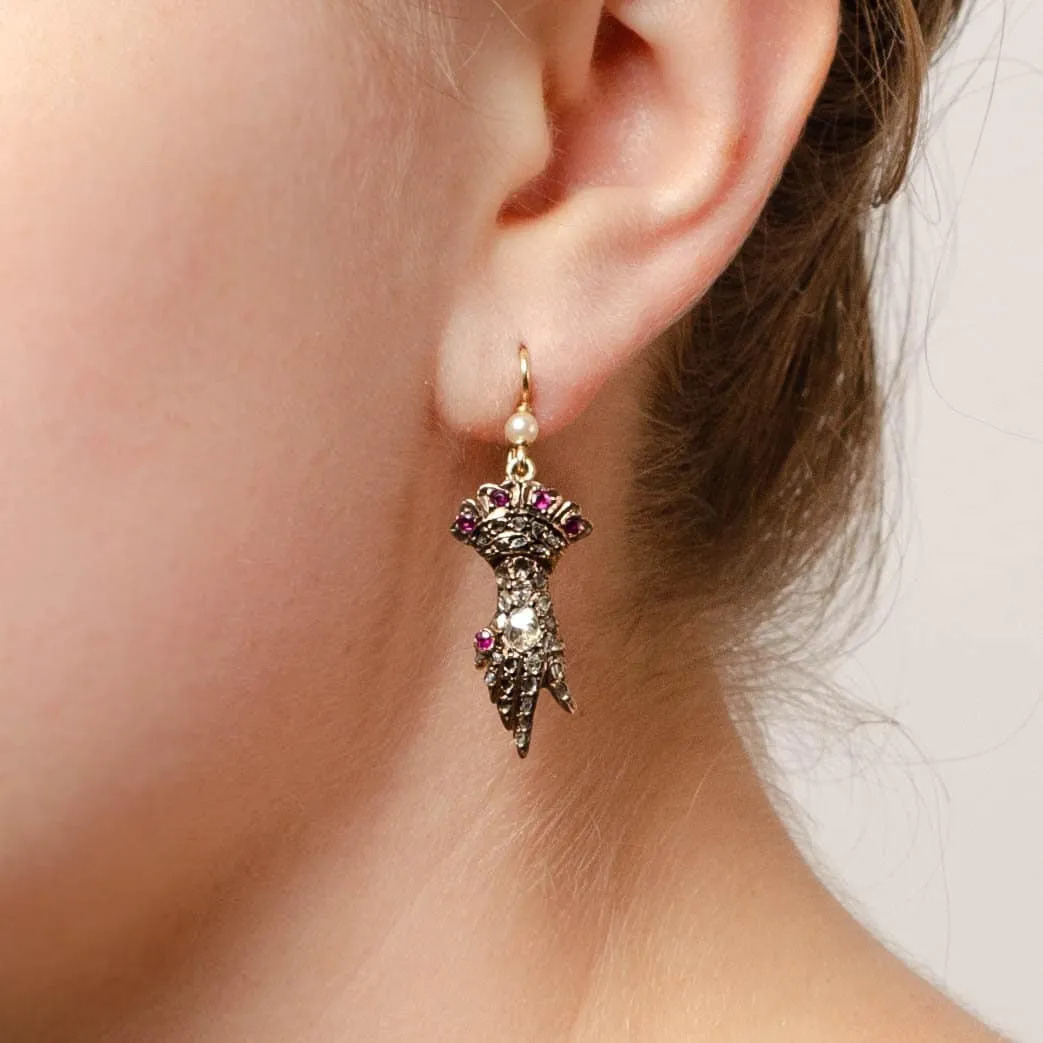 Antique Diamond Hand Earrings with Ruby Accents with 14k Gold Ear Wires