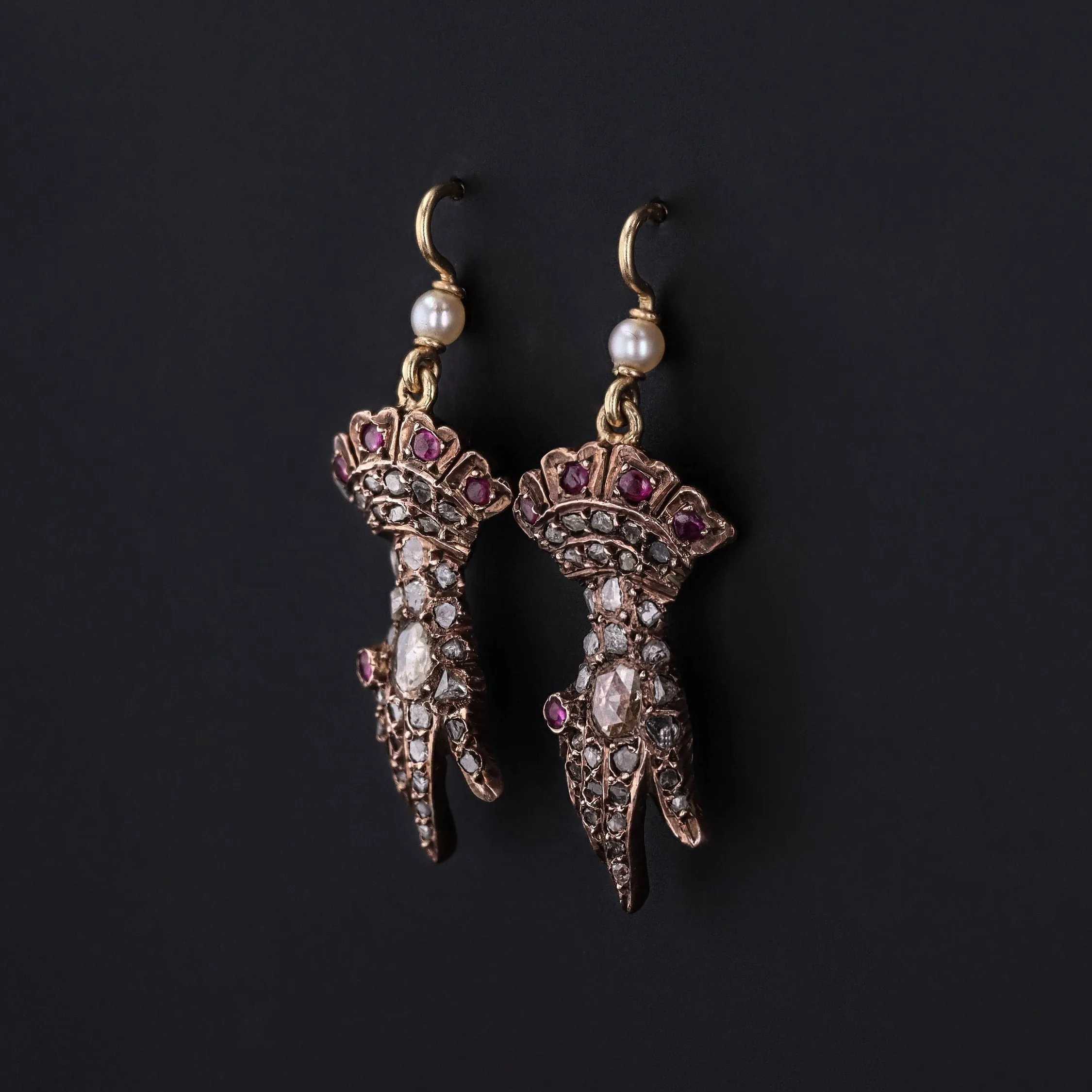 Antique Diamond Hand Earrings with Ruby Accents with 14k Gold Ear Wires