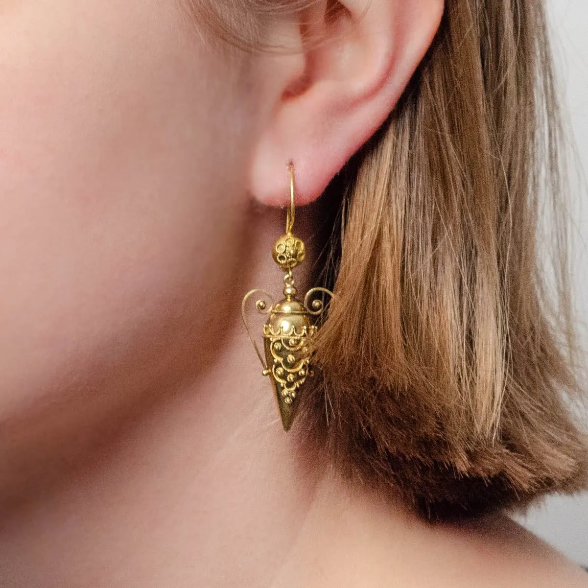 Antique Etruscan Revival Amphora Earrings of 18k Gold