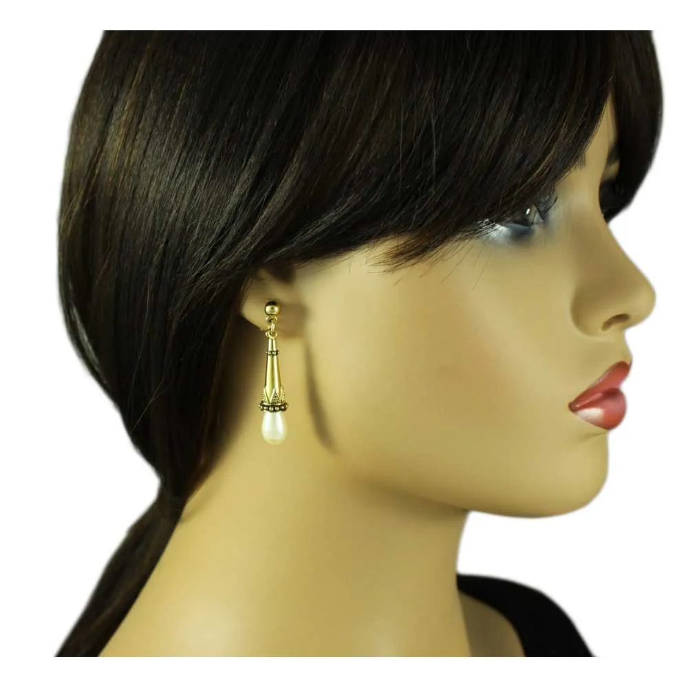 Antique Gold-plated with White Pearl Dangling Pierced Earring - DPE650