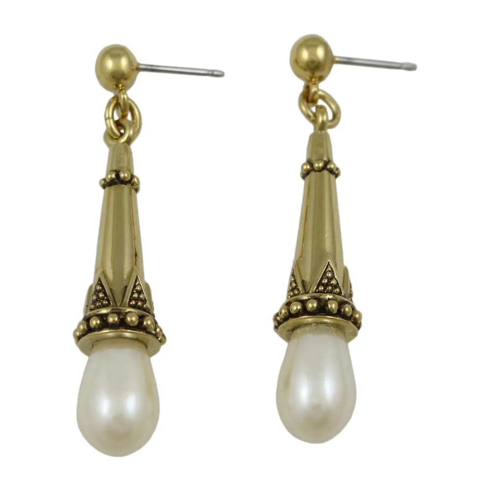 Antique Gold-plated with White Pearl Dangling Pierced Earring - DPE650