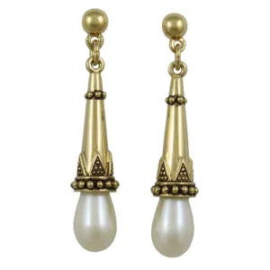 Antique Gold-plated with White Pearl Dangling Pierced Earring - DPE650