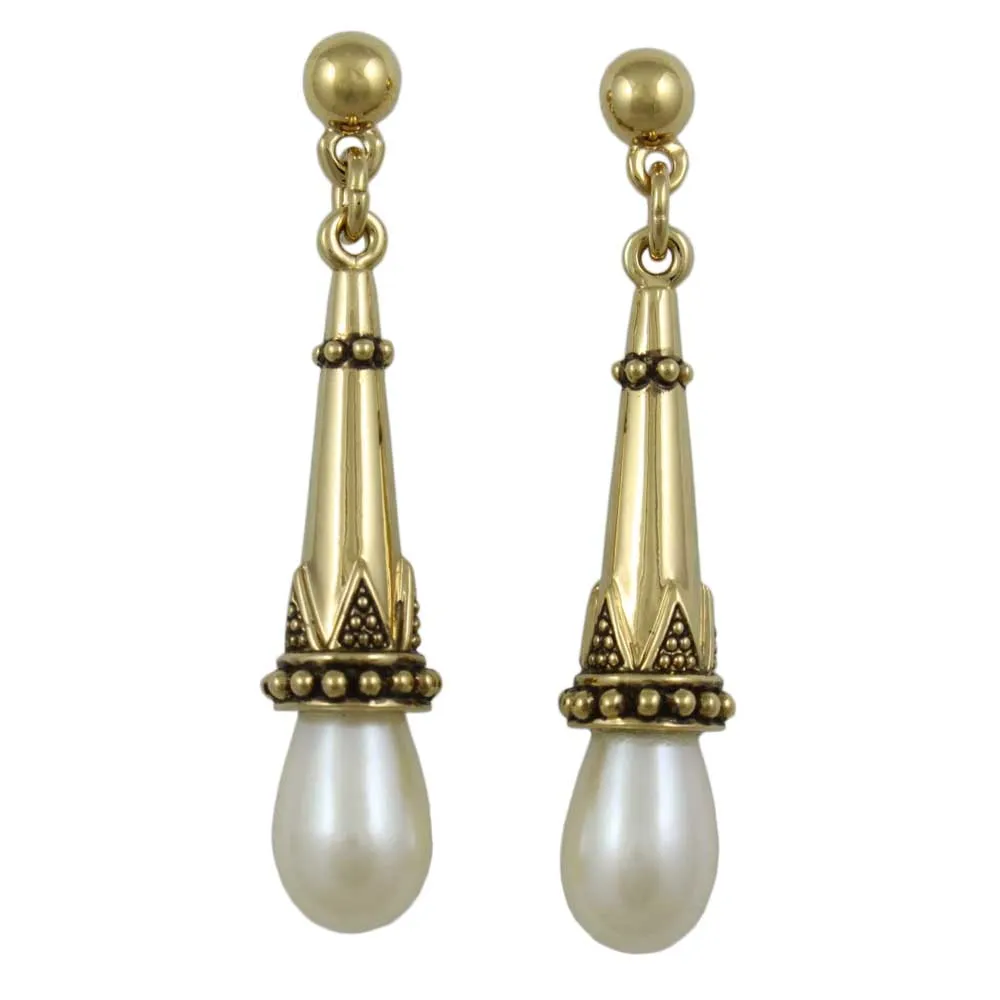 Antique Gold-plated with White Pearl Dangling Pierced Earring - DPE650