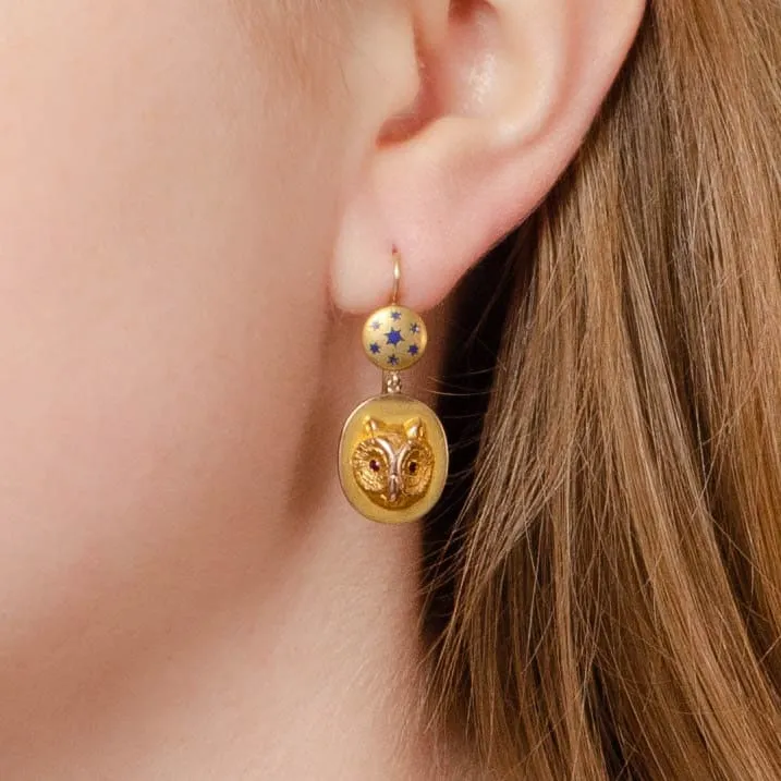 Antique Owl Conversion Earrings of 14k Gold