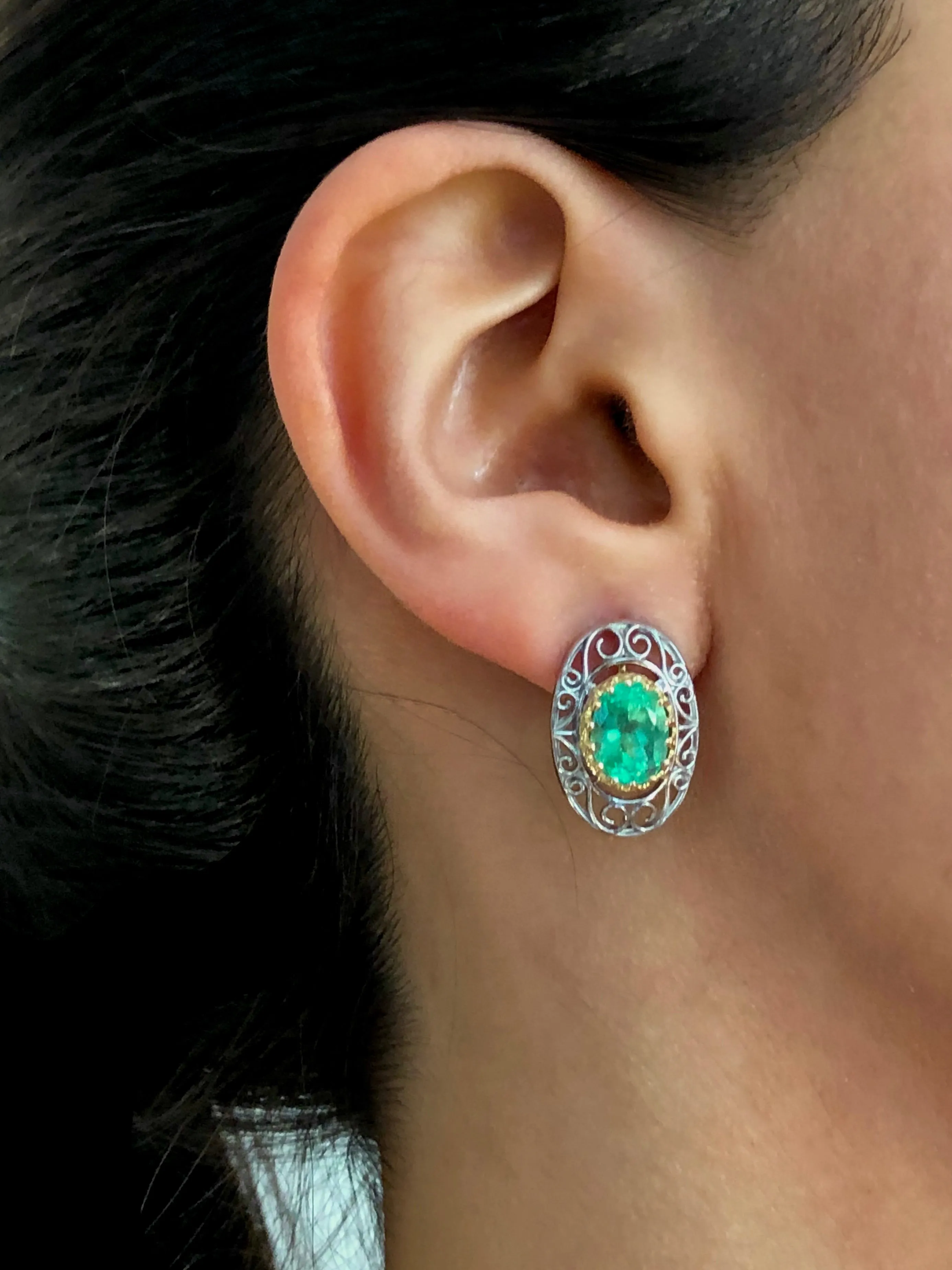 Antique Style Emerald 18K Gold Platinum Drop Earrings