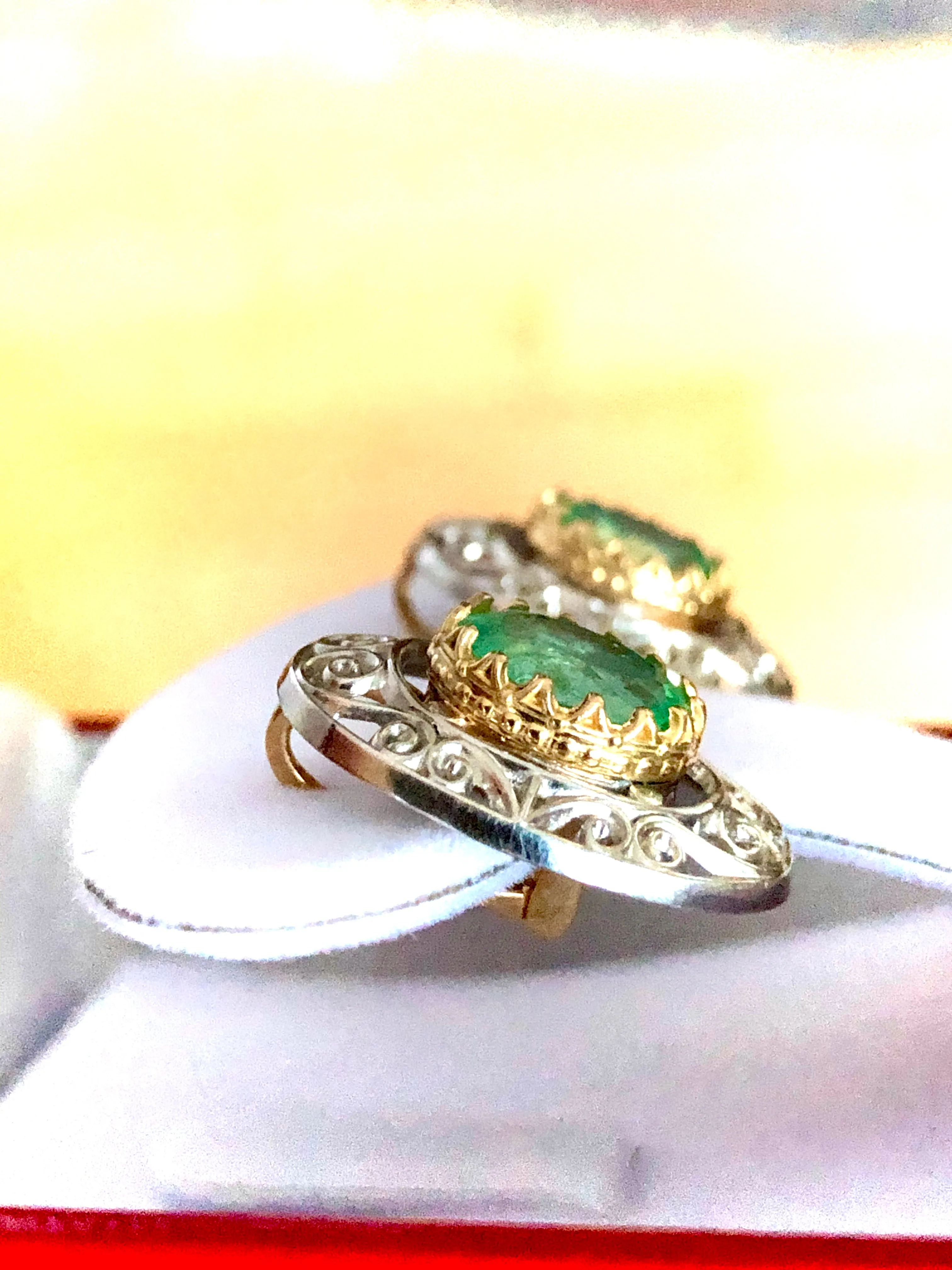 Antique Style Emerald 18K Gold Platinum Drop Earrings