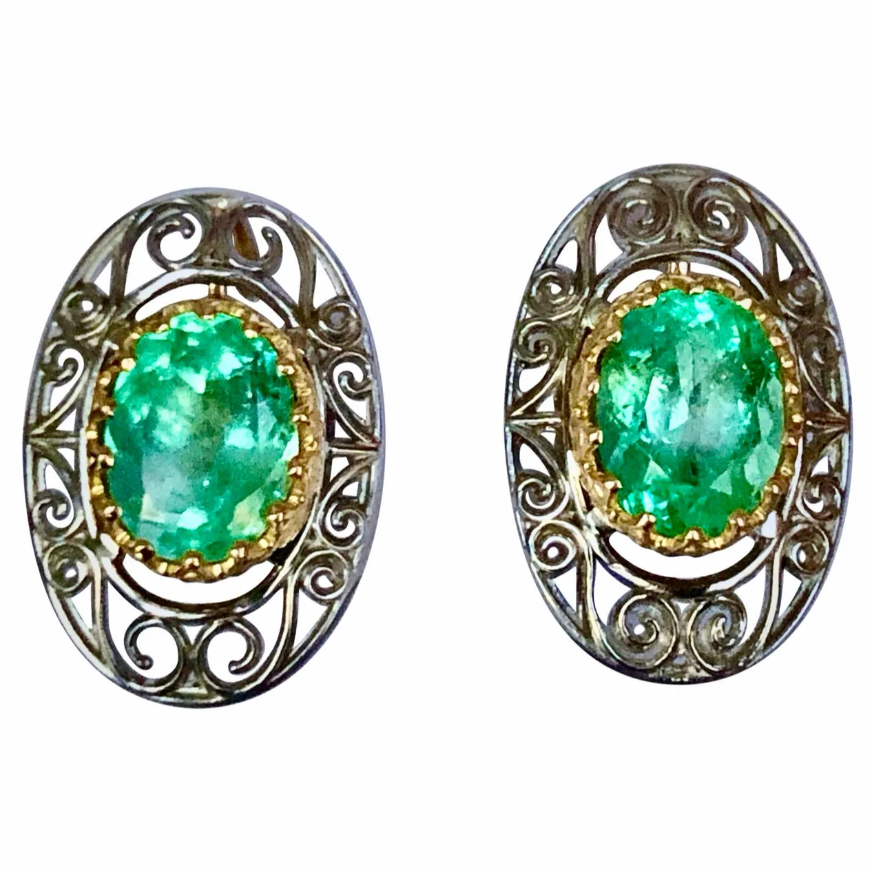 Antique Style Emerald 18K Gold Platinum Drop Earrings