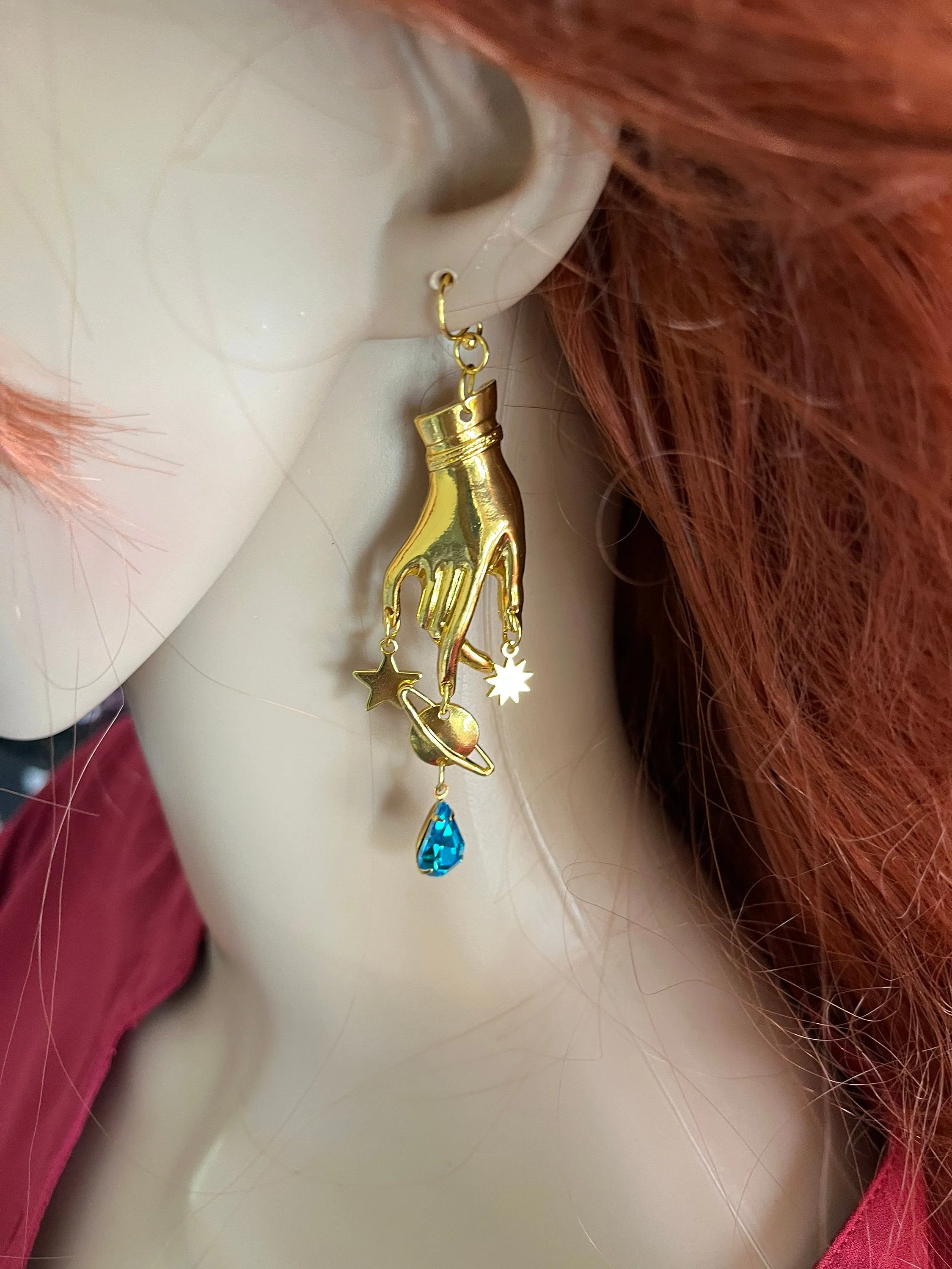 Aquamarine earrings , gold celestial earrings , Aqua earrings , gold hand earrings , moon star earring , planet earrings