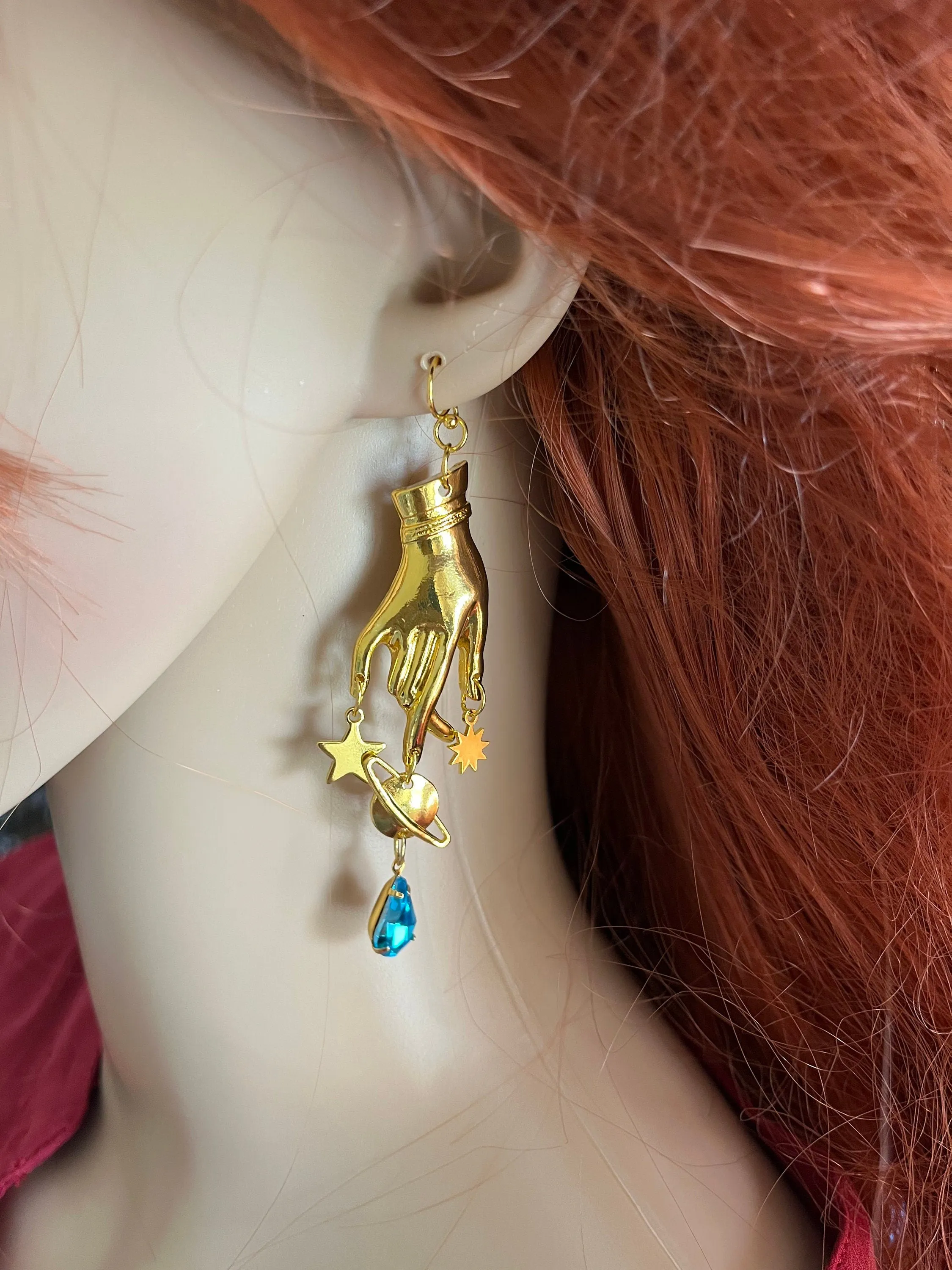 Aquamarine earrings , gold celestial earrings , Aqua earrings , gold hand earrings , moon star earring , planet earrings