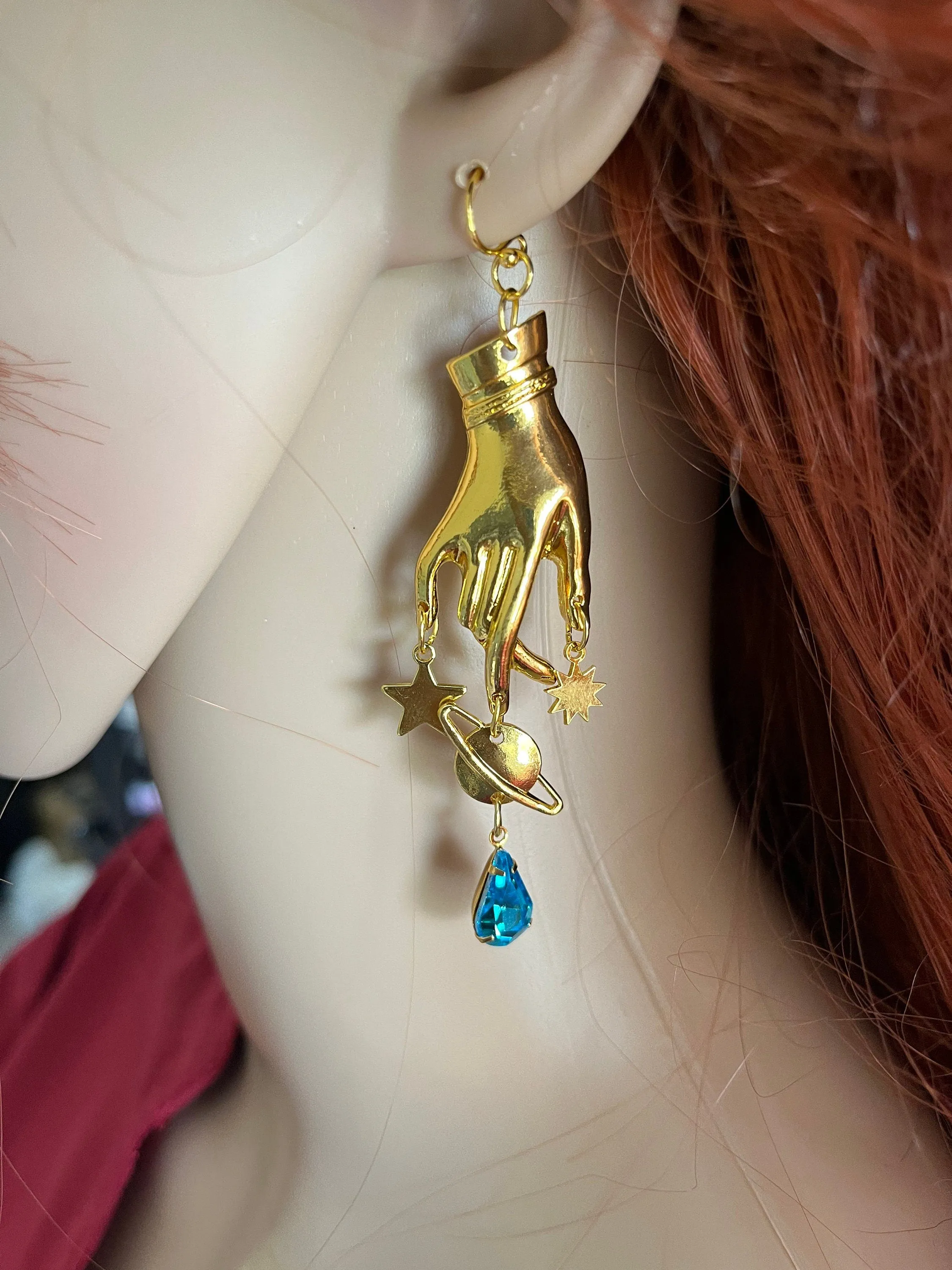 Aquamarine earrings , gold celestial earrings , Aqua earrings , gold hand earrings , moon star earring , planet earrings