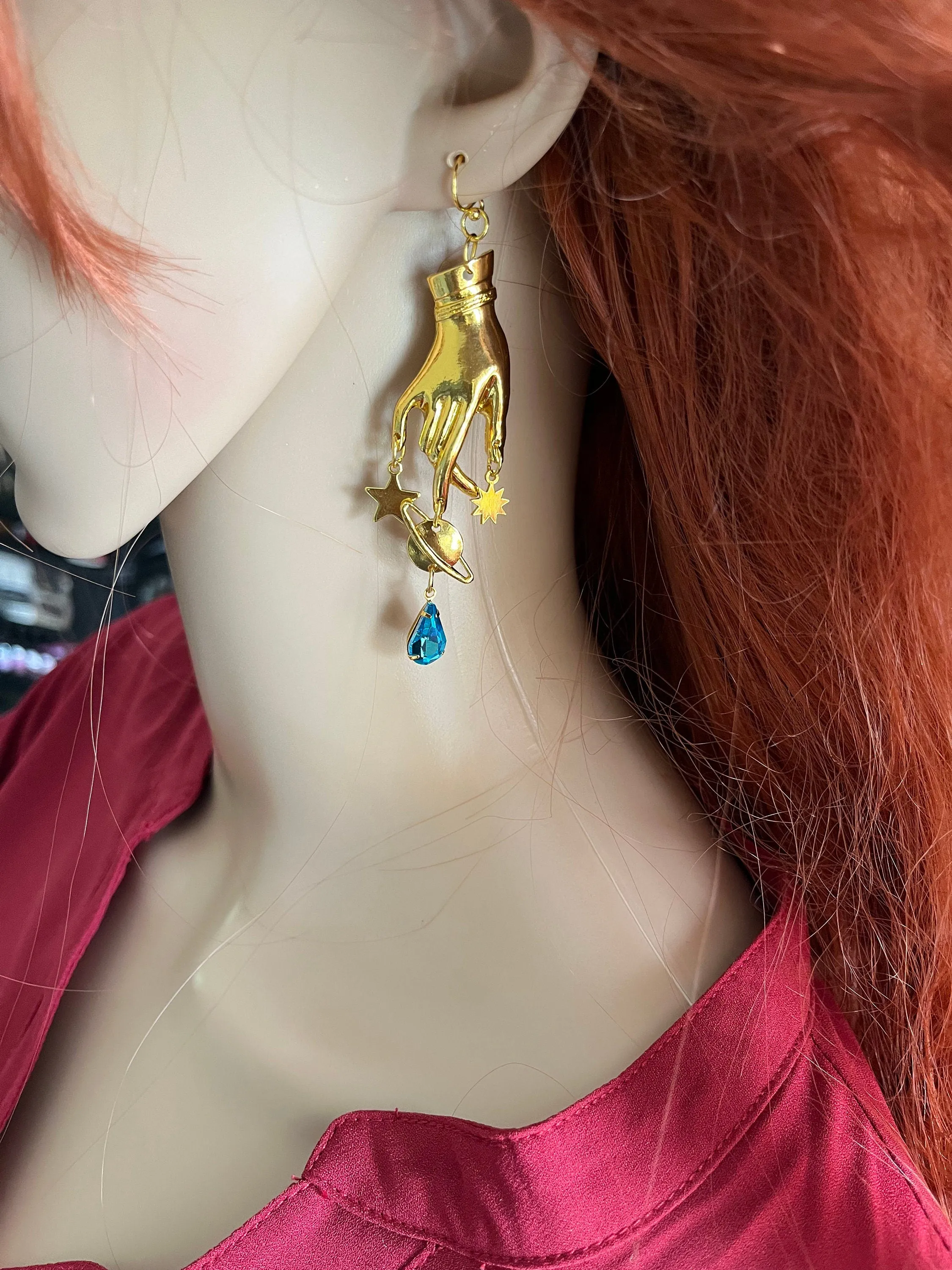 Aquamarine earrings , gold celestial earrings , Aqua earrings , gold hand earrings , moon star earring , planet earrings