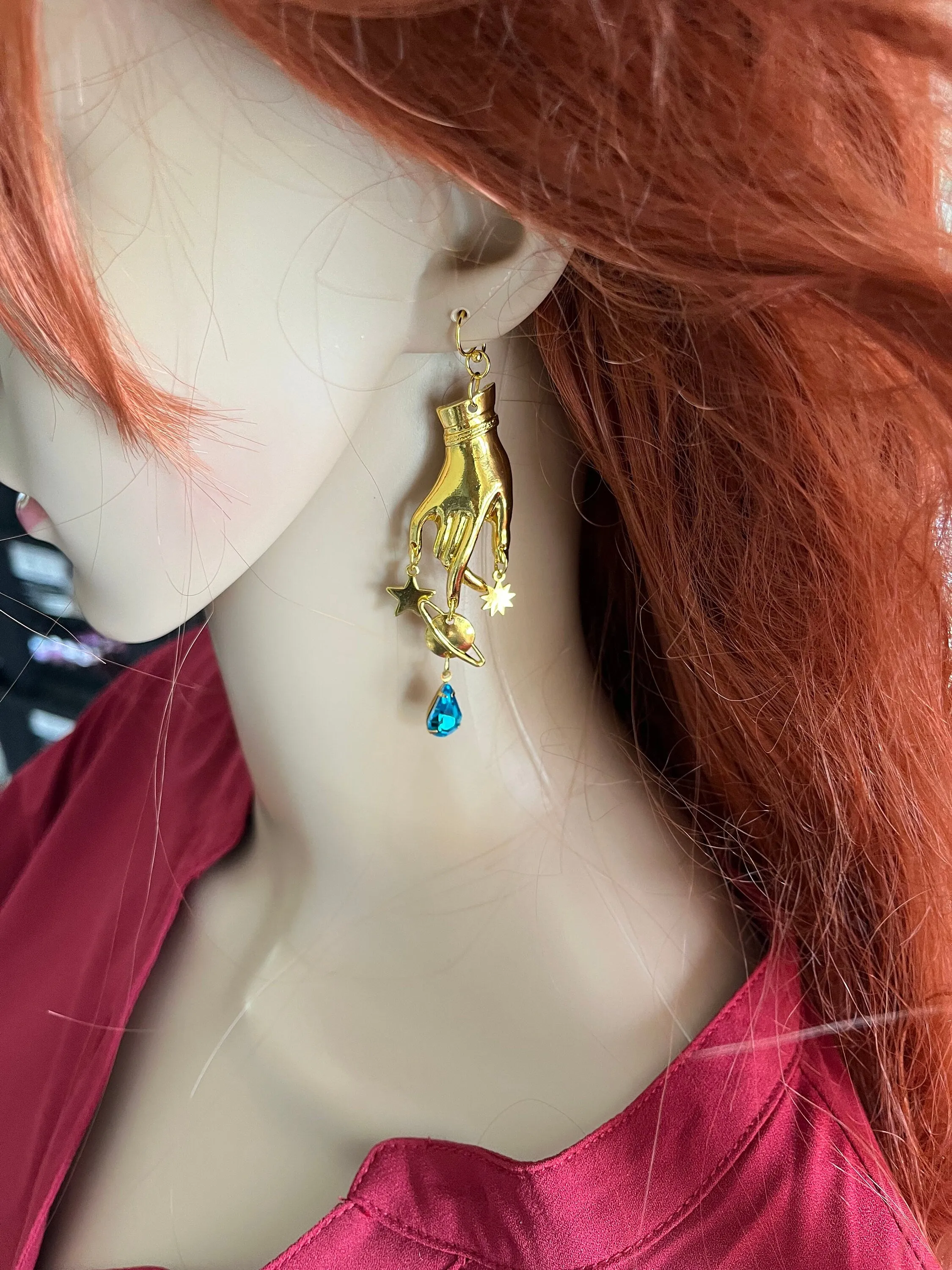 Aquamarine earrings , gold celestial earrings , Aqua earrings , gold hand earrings , moon star earring , planet earrings
