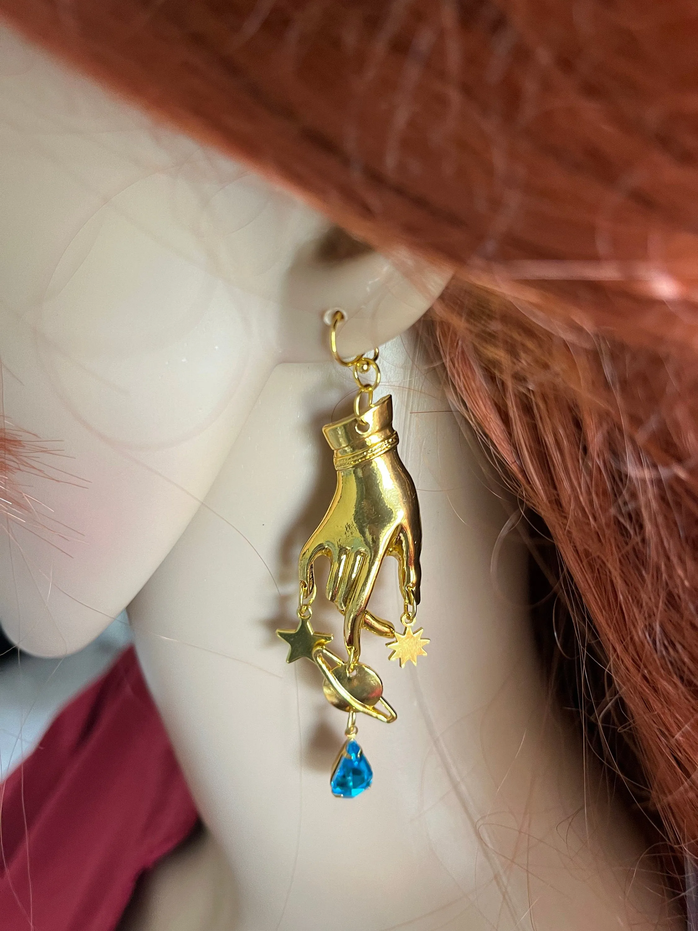 Aquamarine earrings , gold celestial earrings , Aqua earrings , gold hand earrings , moon star earring , planet earrings