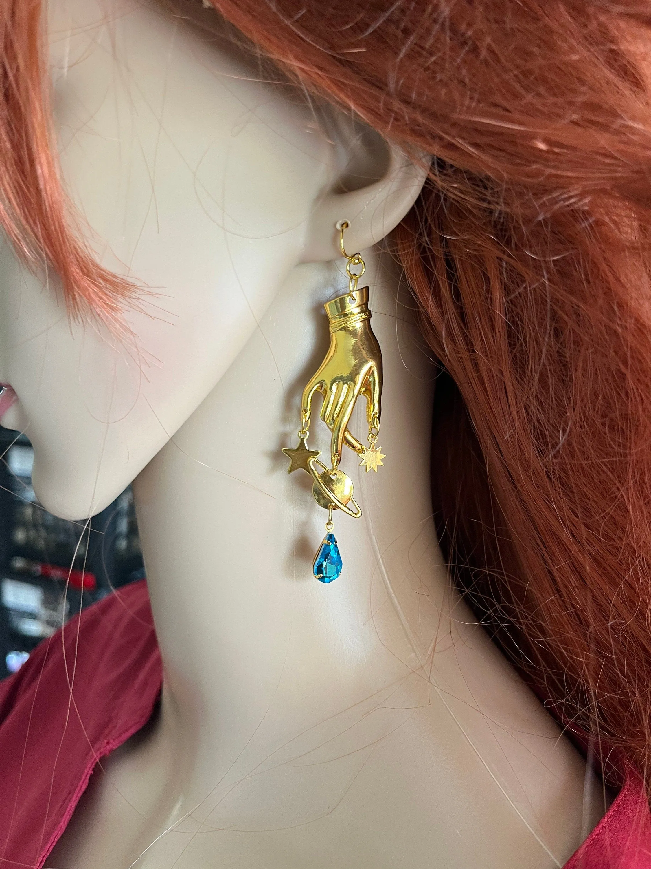 Aquamarine earrings , gold celestial earrings , Aqua earrings , gold hand earrings , moon star earring , planet earrings