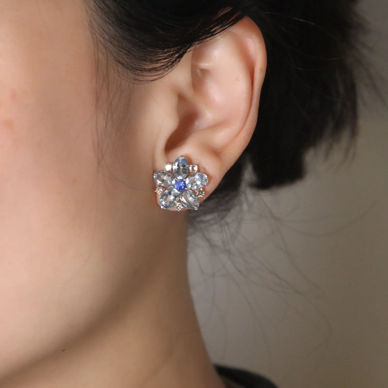 Aquamarine Floral Diamond Stud Earrings