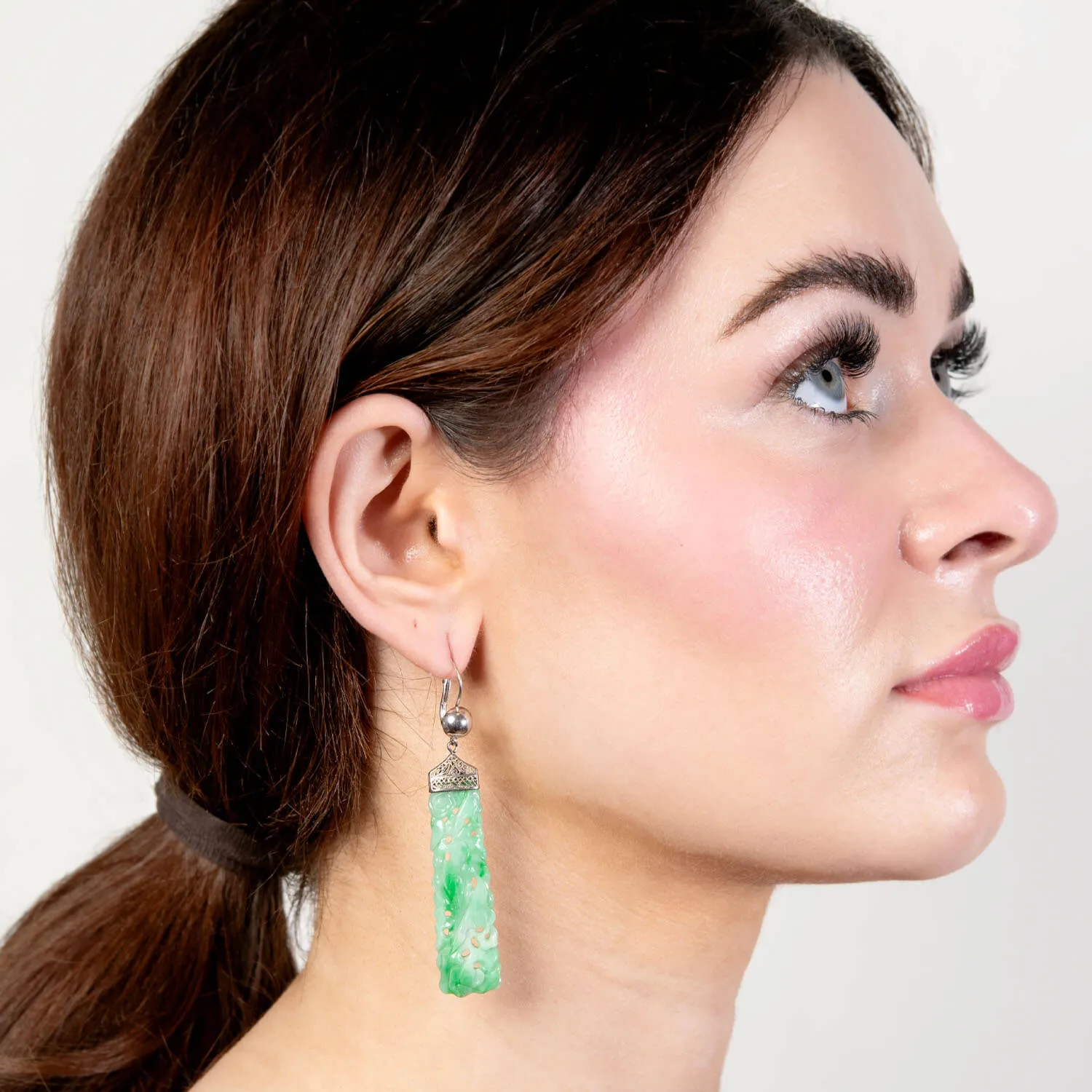 Art Deco 14k/ Platinum Carved Jade Earrings