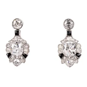 Art Deco Era Old Mine Cut Diamond and Onyx Earrings