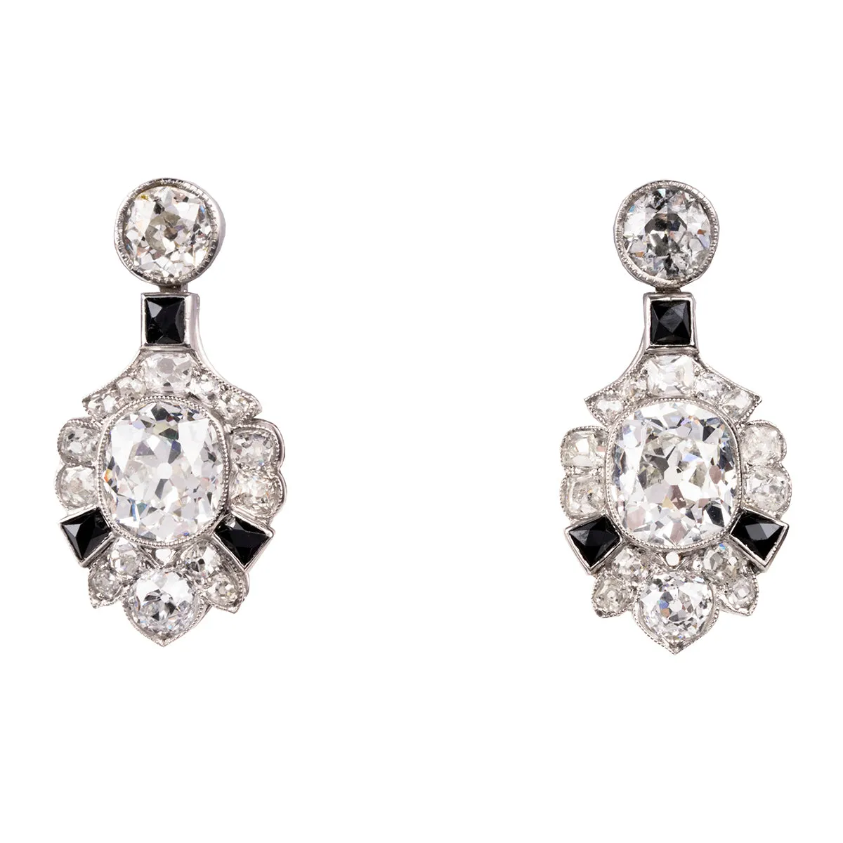 Art Deco Era Old Mine Cut Diamond and Onyx Earrings