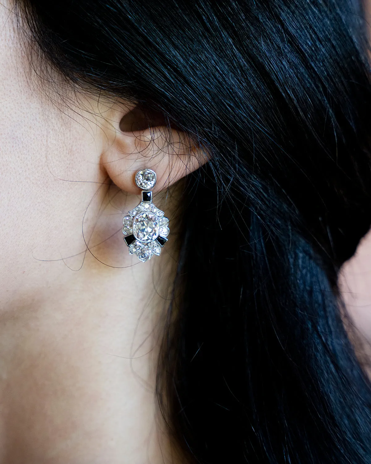 Art Deco Era Old Mine Cut Diamond and Onyx Earrings