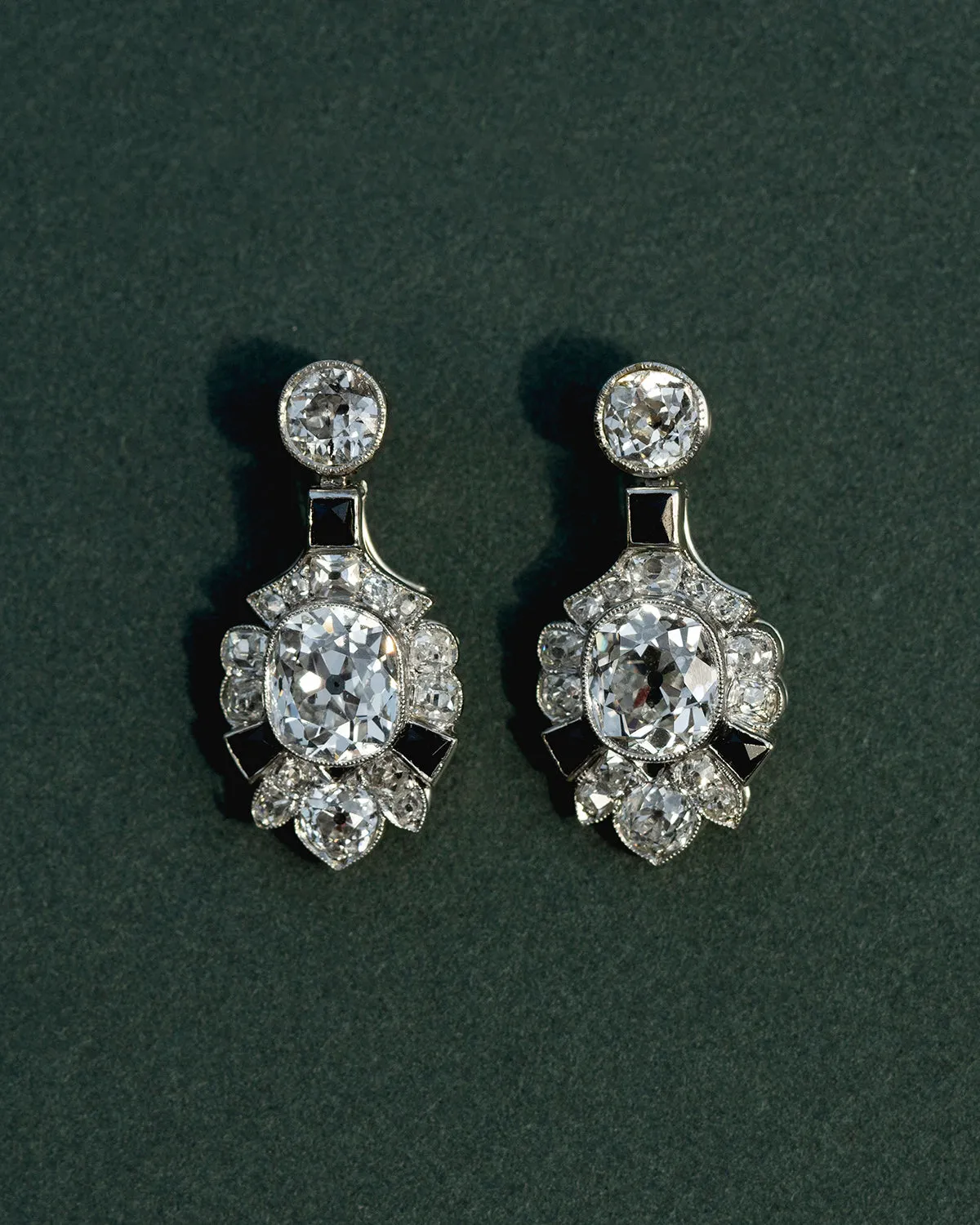 Art Deco Era Old Mine Cut Diamond and Onyx Earrings