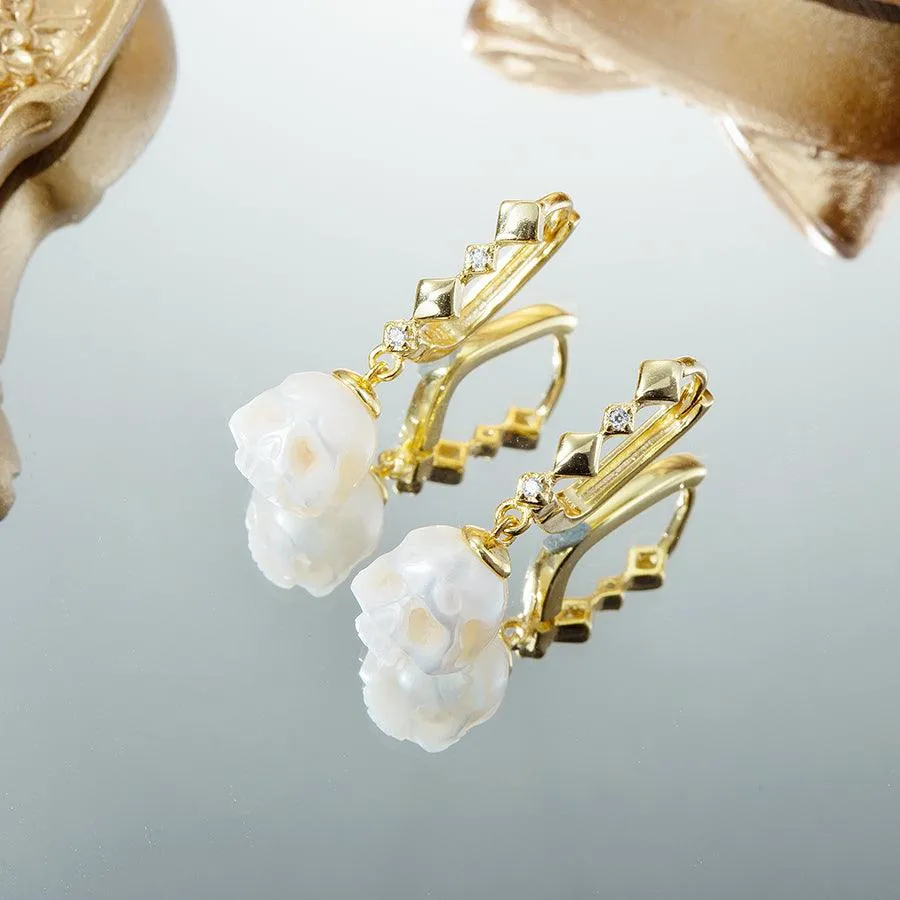 Art Deco Pearl Cranium CZ Hoop Earrings
