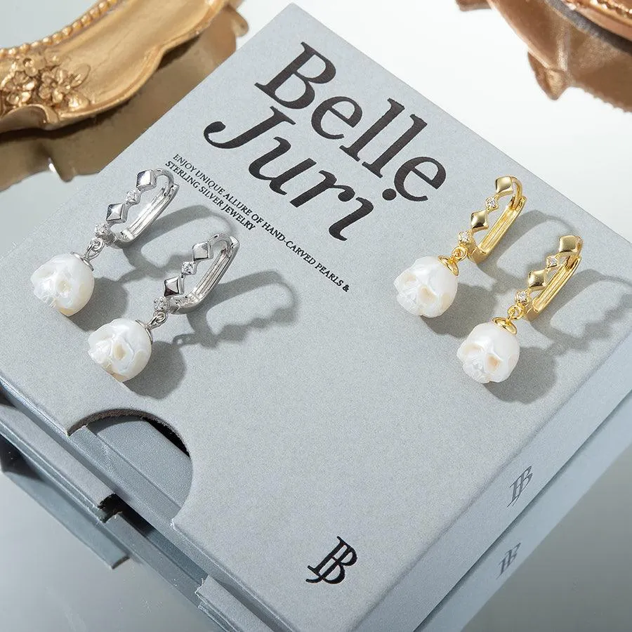 Art Deco Pearl Cranium CZ Hoop Earrings