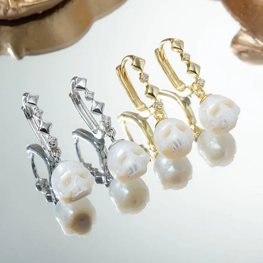 Art Deco Pearl Cranium CZ Hoop Earrings
