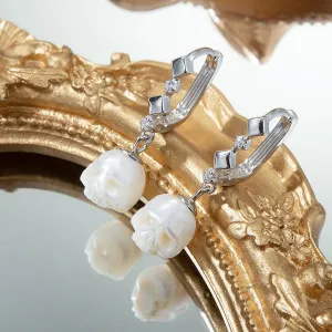 Art Deco Pearl Cranium CZ Hoop Earrings