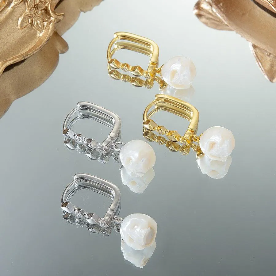 Art Deco Pearl Cranium CZ Hoop Earrings