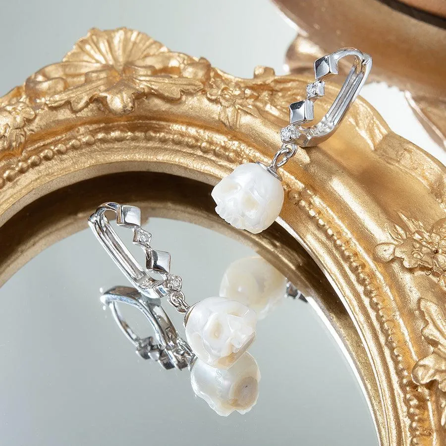Art Deco Pearl Cranium CZ Hoop Earrings