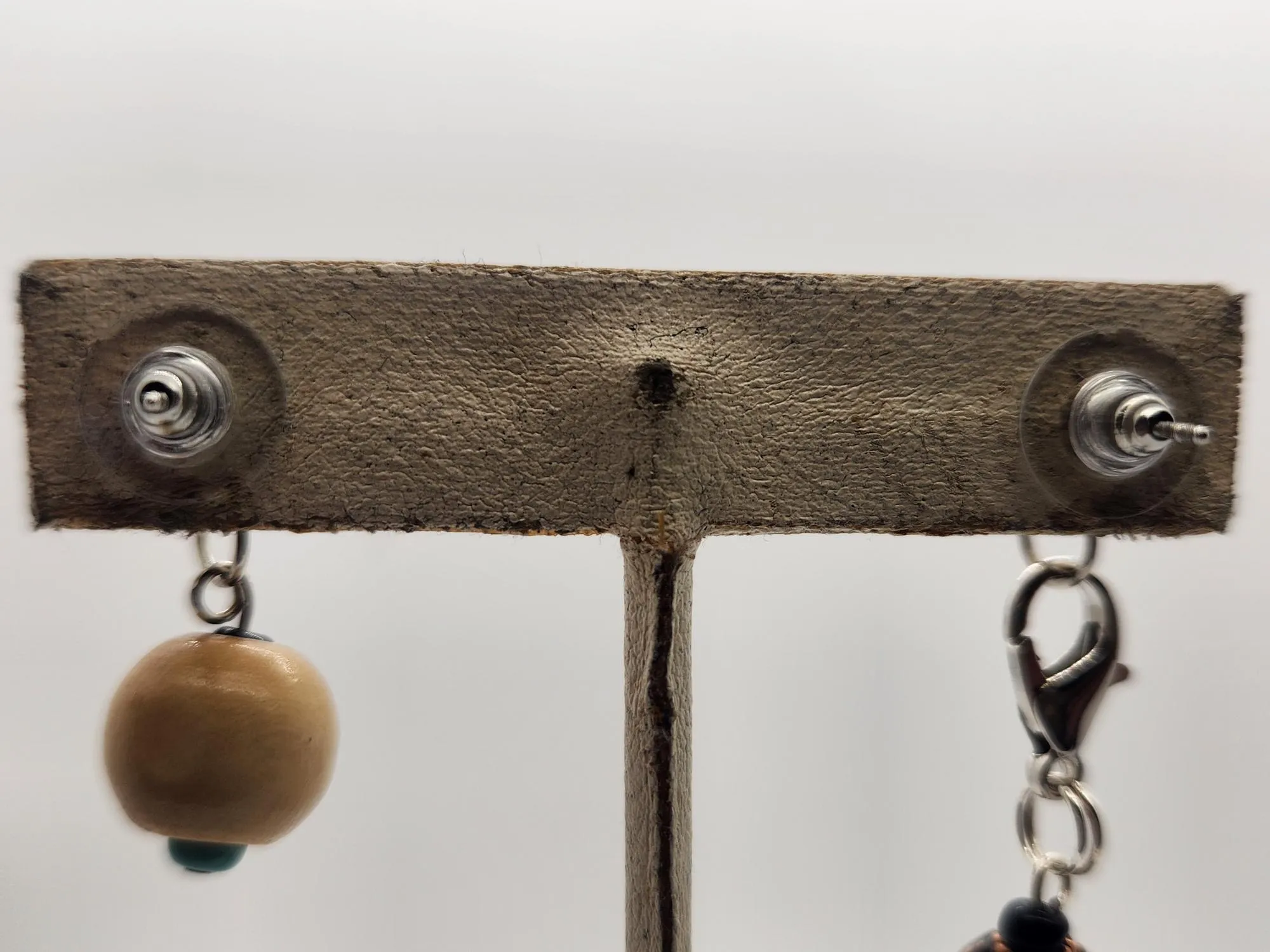 Artisan Doll Dangle black leather top camel leather skirt earrings