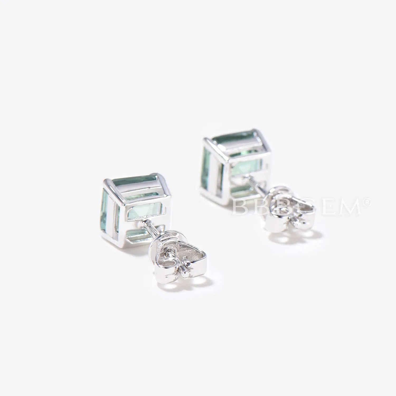 Asscher Cut Green Sapphire studs Earrings Sterling Silver Solitaire Earrings