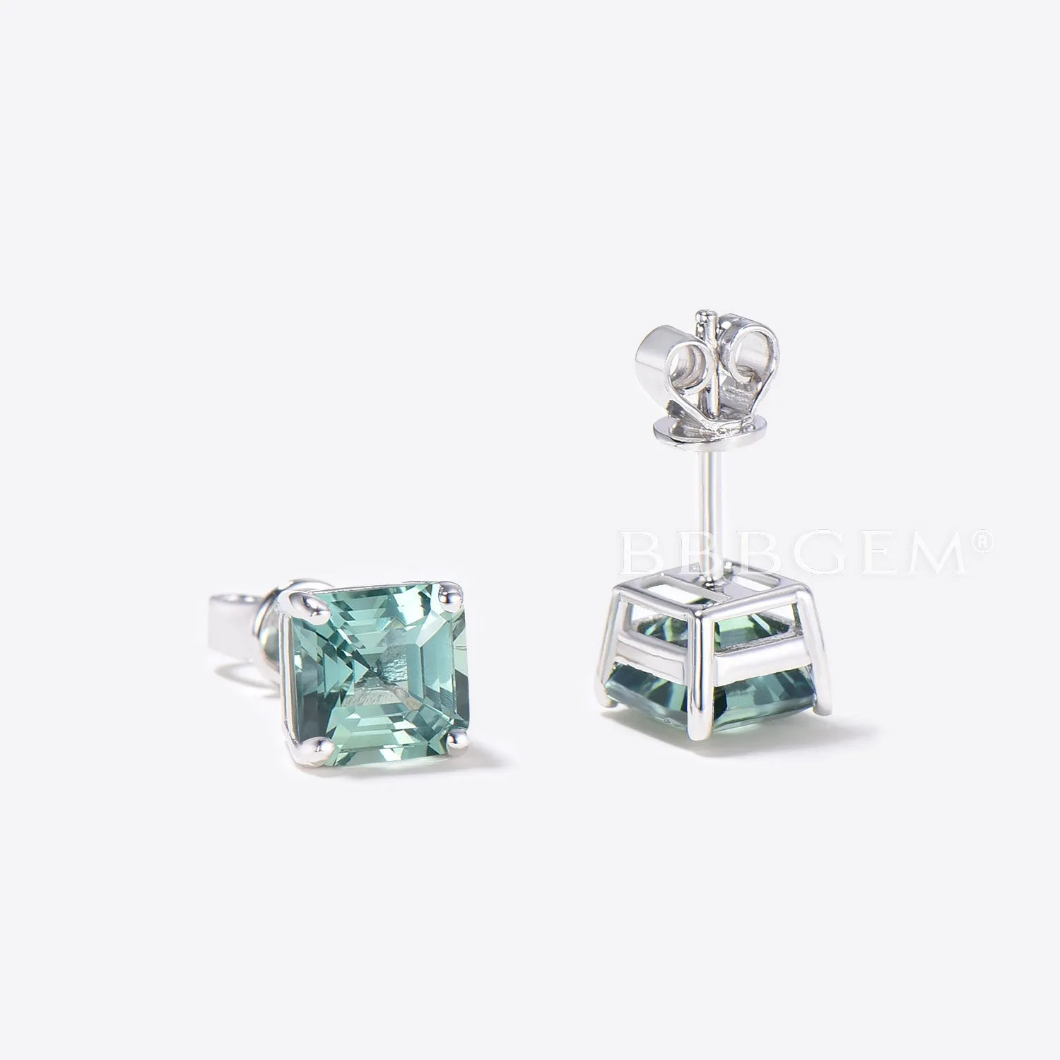 Asscher Cut Green Sapphire studs Earrings Sterling Silver Solitaire Earrings