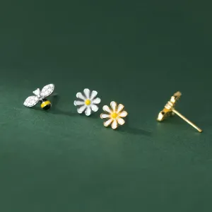 Asymmetry Bee and Daisy flower cute stud earrings - SS075