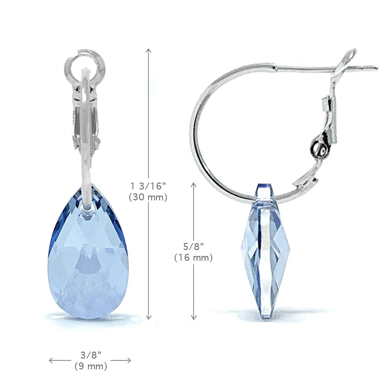Aurora Small Drop Earrings with Grey Blue Shade Pear Crystals from Swarovski Silver Toned Rhodium Plated