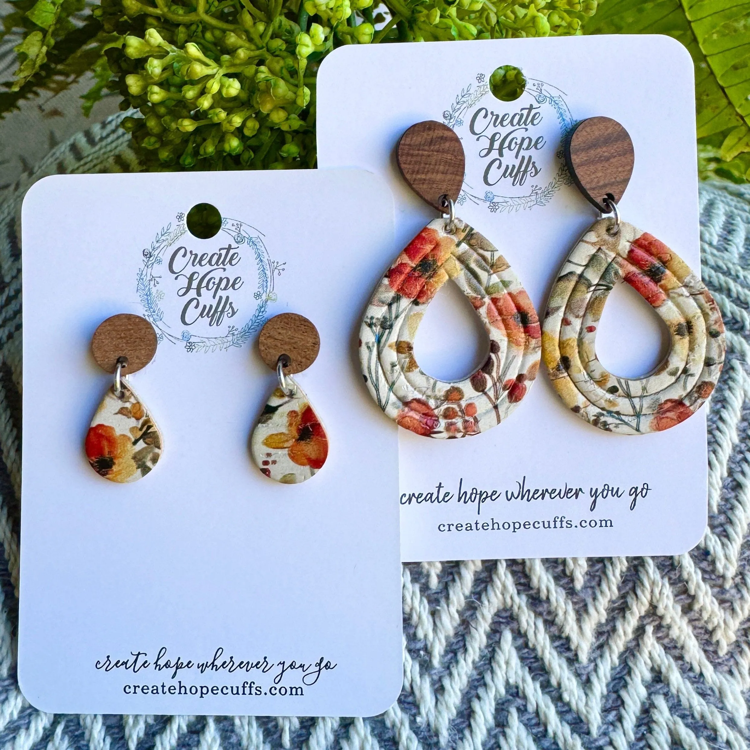 Autumnal Floral | 2 Styles | Teardrop Wood and Leather Earrings | Hypoallergenic | Women