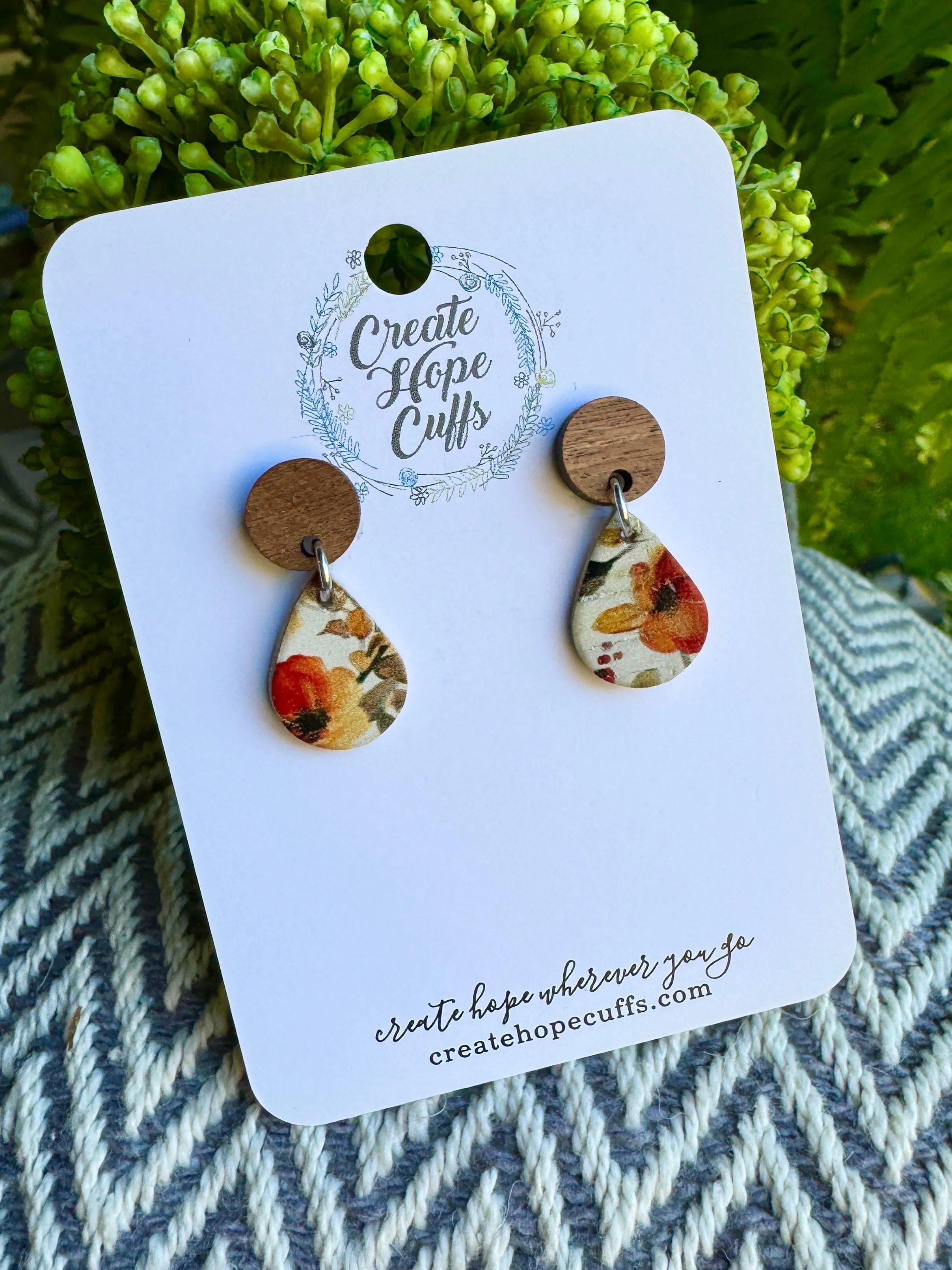 Autumnal Floral | 2 Styles | Teardrop Wood and Leather Earrings | Hypoallergenic | Women