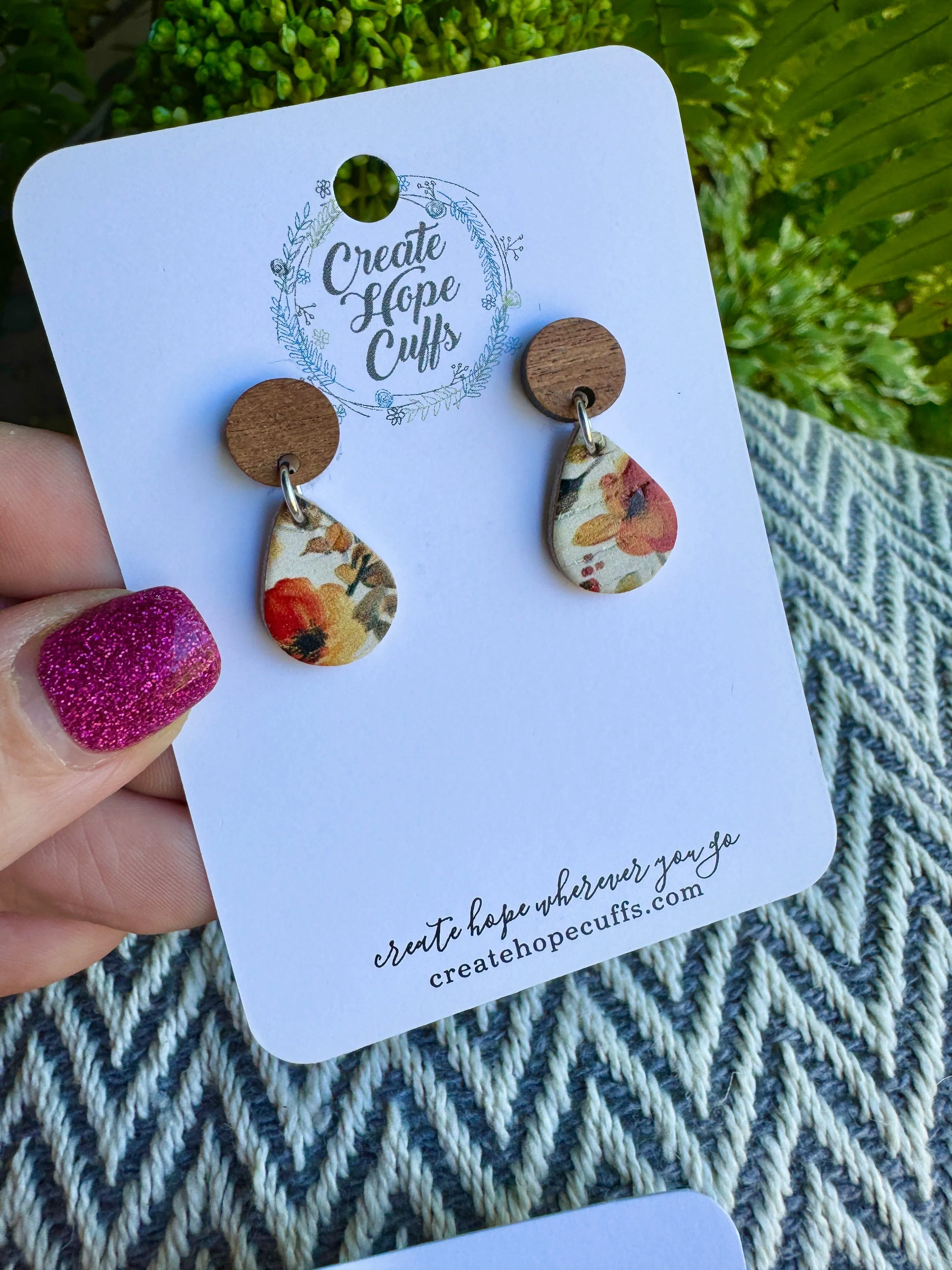 Autumnal Floral | 2 Styles | Teardrop Wood and Leather Earrings | Hypoallergenic | Women
