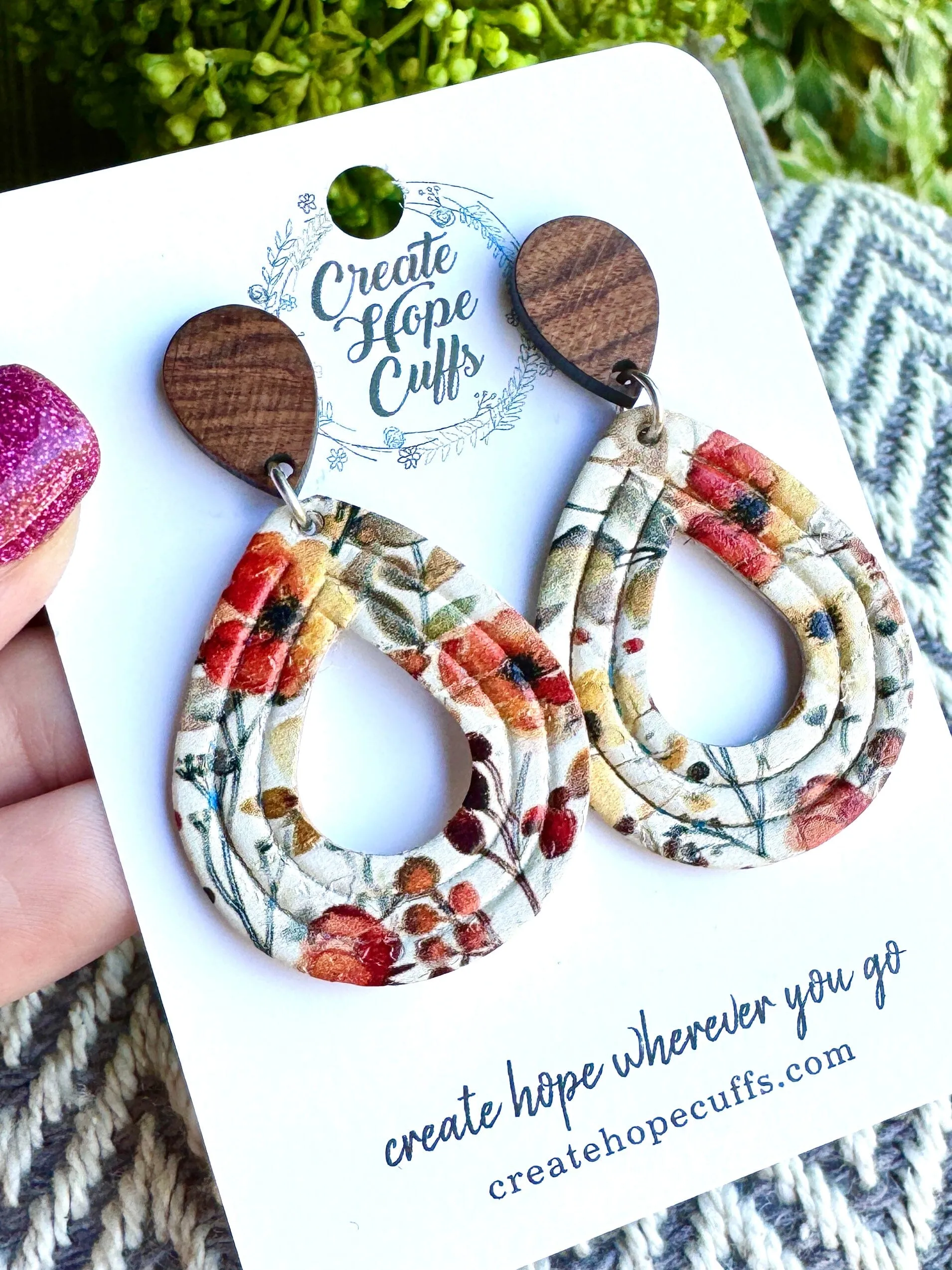 Autumnal Floral | 2 Styles | Teardrop Wood and Leather Earrings | Hypoallergenic | Women
