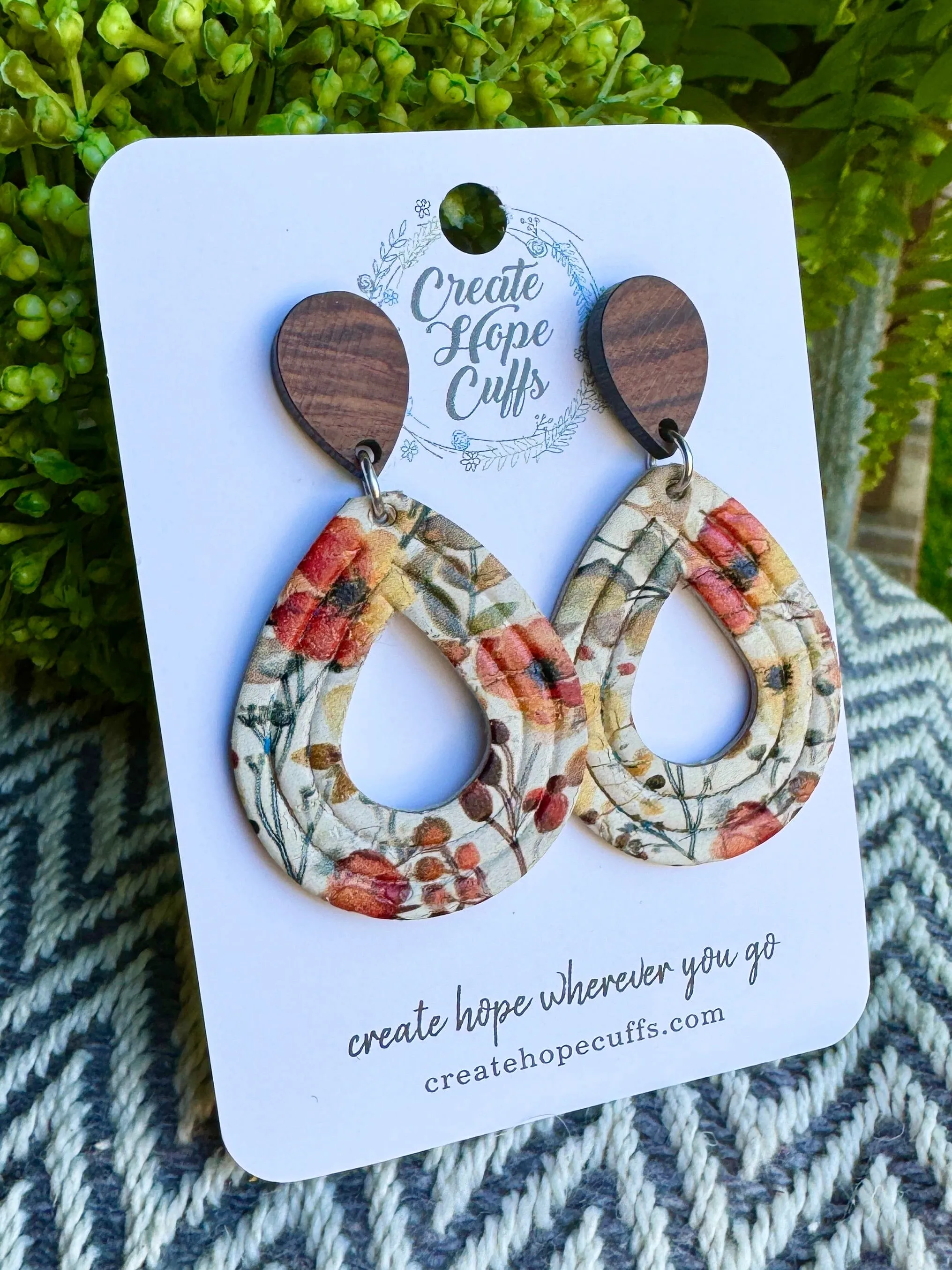 Autumnal Floral | 2 Styles | Teardrop Wood and Leather Earrings | Hypoallergenic | Women