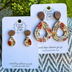 Autumnal Floral | 2 Styles | Teardrop Wood and Leather Earrings | Hypoallergenic | Women